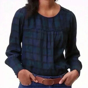 Loft Blue Green Black Plaid Balloon Sleeve Lightweight Pullover Blouse Sz XS